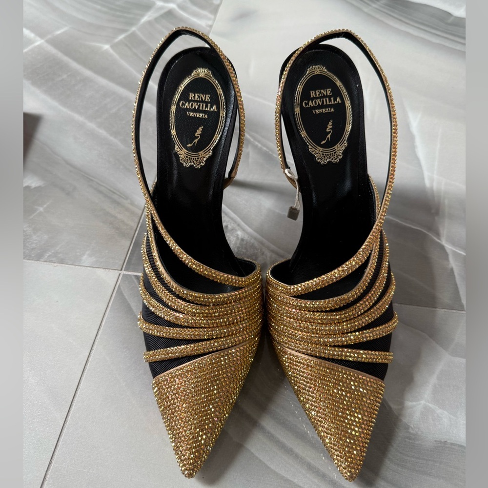 Rene Caovilla Black and Gold Crystal Strappy Pointed Slingback Heels